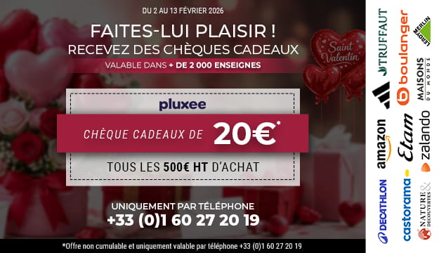 20€ de chèque cadeaux, dès 500€ d'achat HT, offre exclusivement par téléphone 20€ de chèque cadeaux des 500€ d'achat HT, uniquement par téléphone